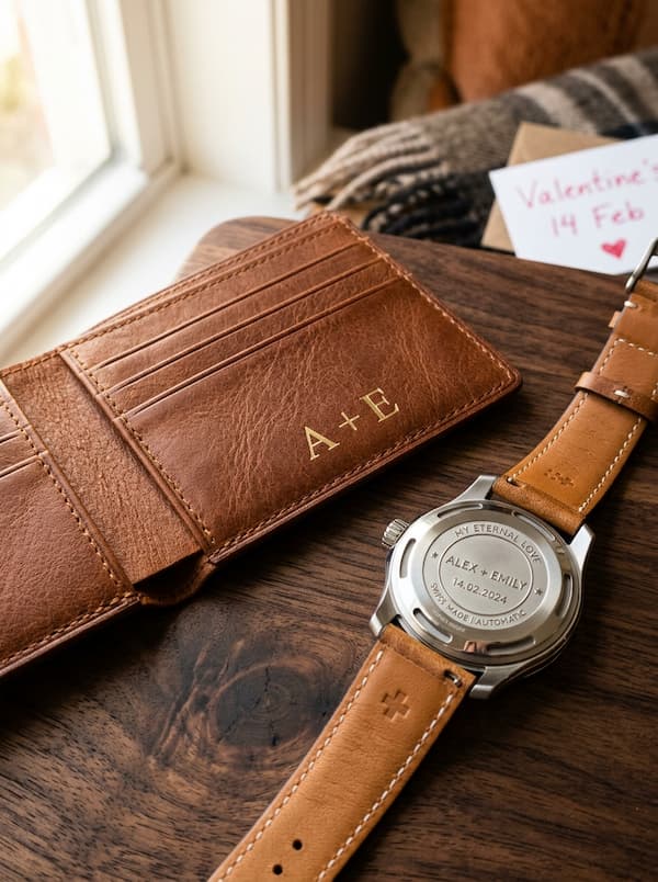 Valentine's Day gifts for husband from wife: A Personalised Engraved Wallet or Watch